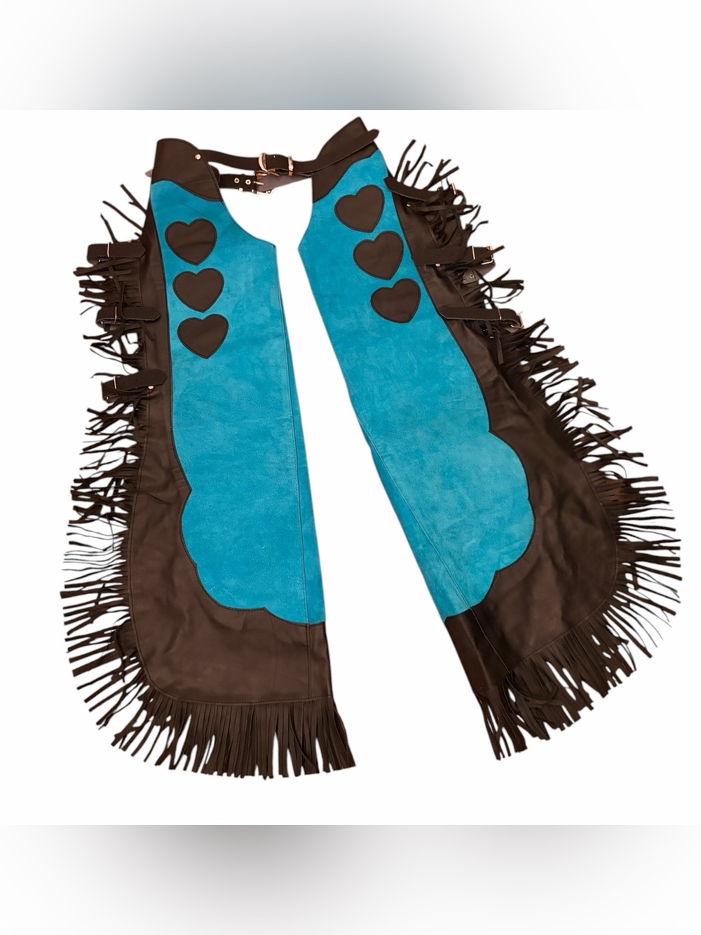 Turquoise Suede & Black Leather Fringe Chaps with Heart Appliqués